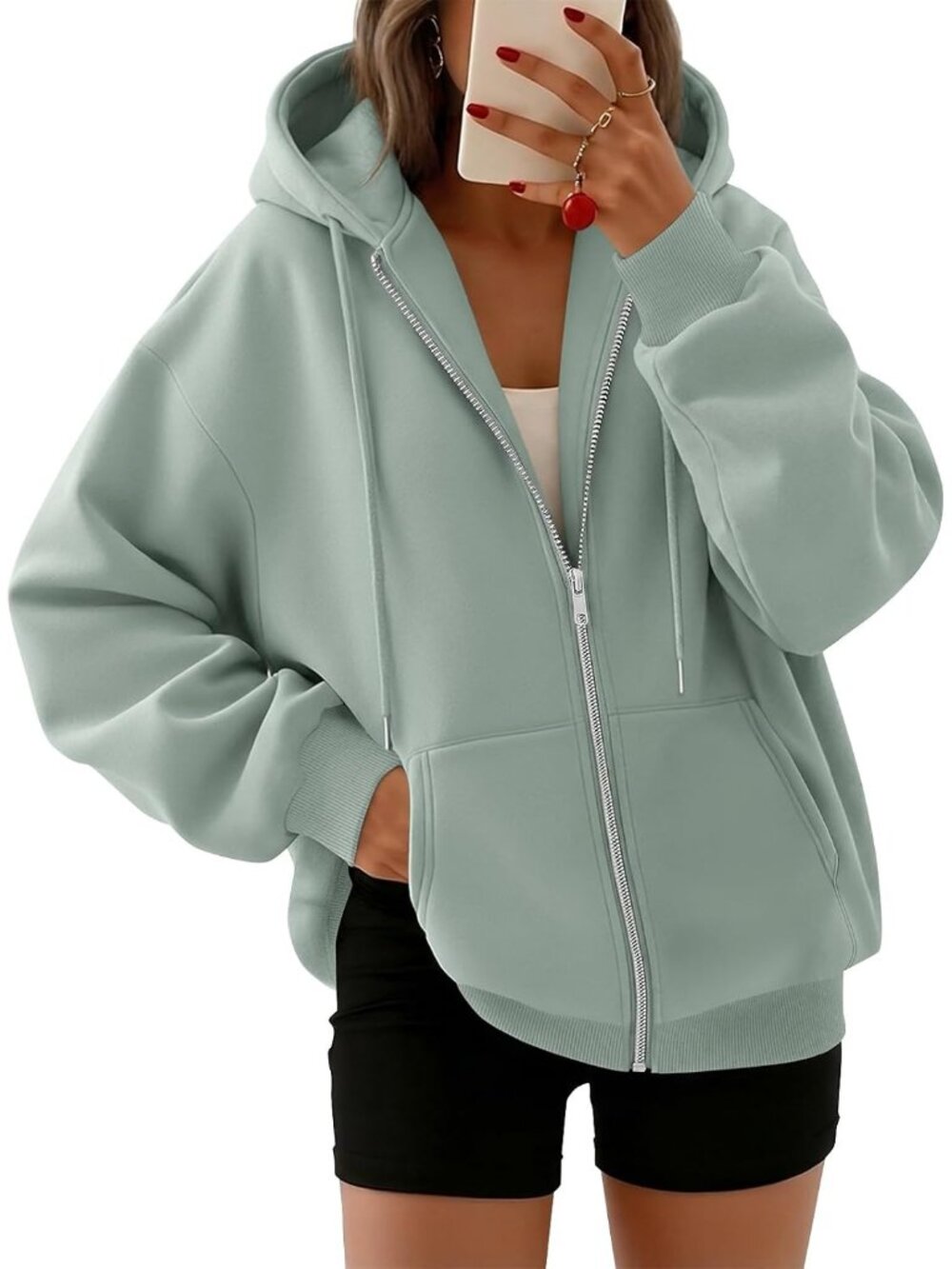〽️Women's Sage Oversized Zip Up Hooded Neck Cute Lightweight Winter Sweatshirt